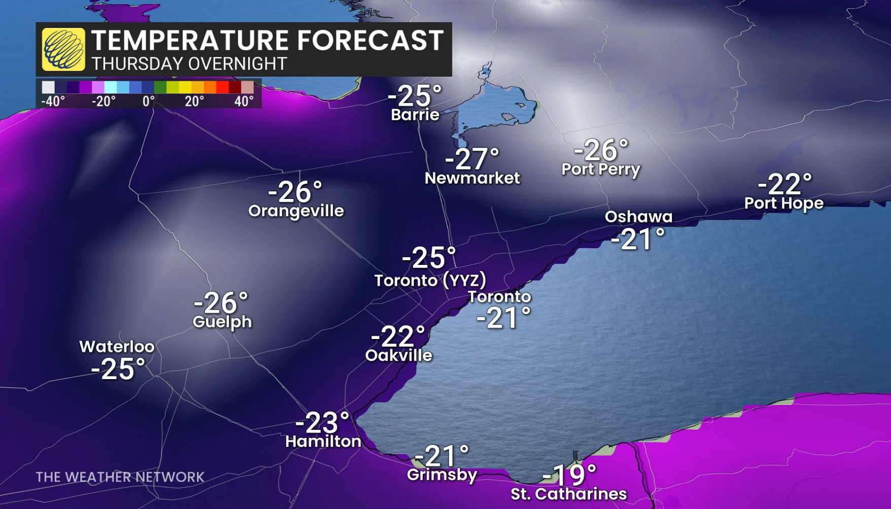 Toronto low temperatures Thursday overnight