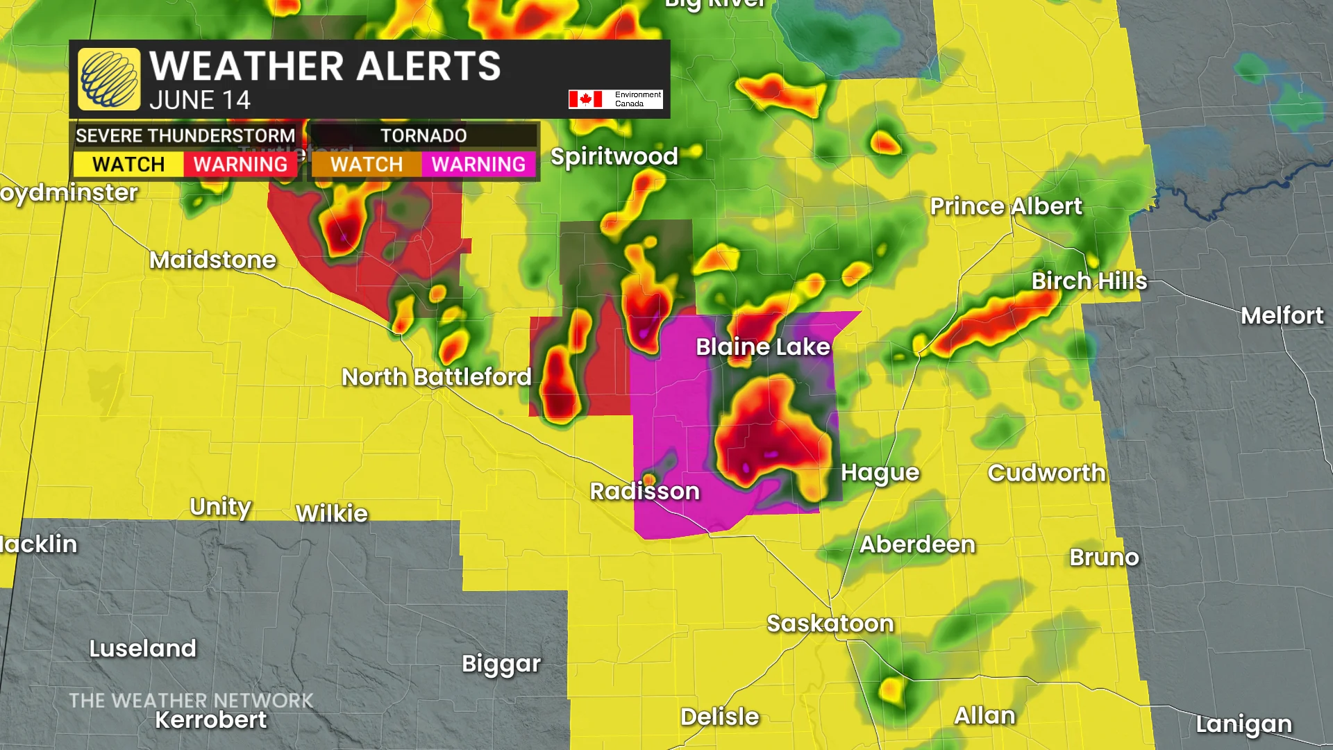 Tornado-warned storms and alerts in Saskatchewan/June 14, 2025