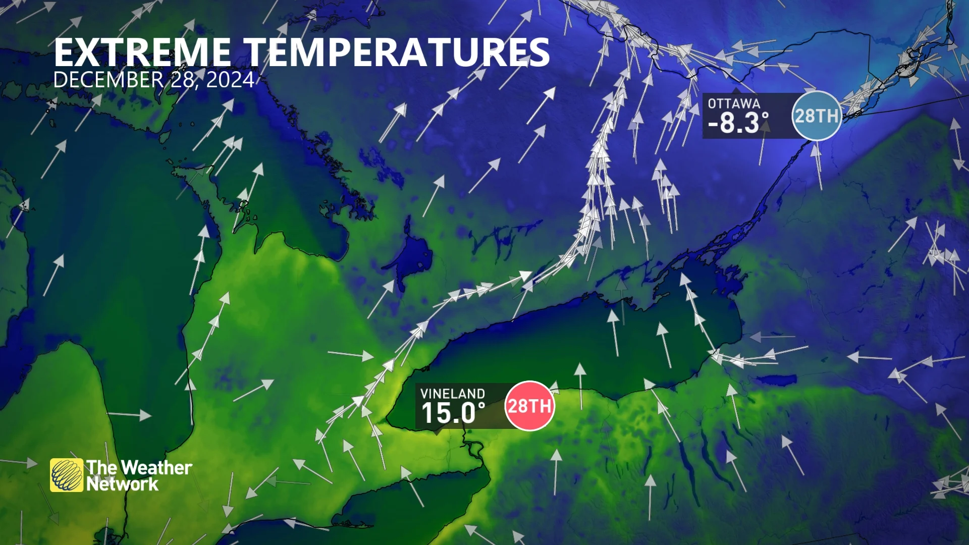 Temperature contrast/warm meets cold in Ontario on Saturday, Dec. 28, 2024