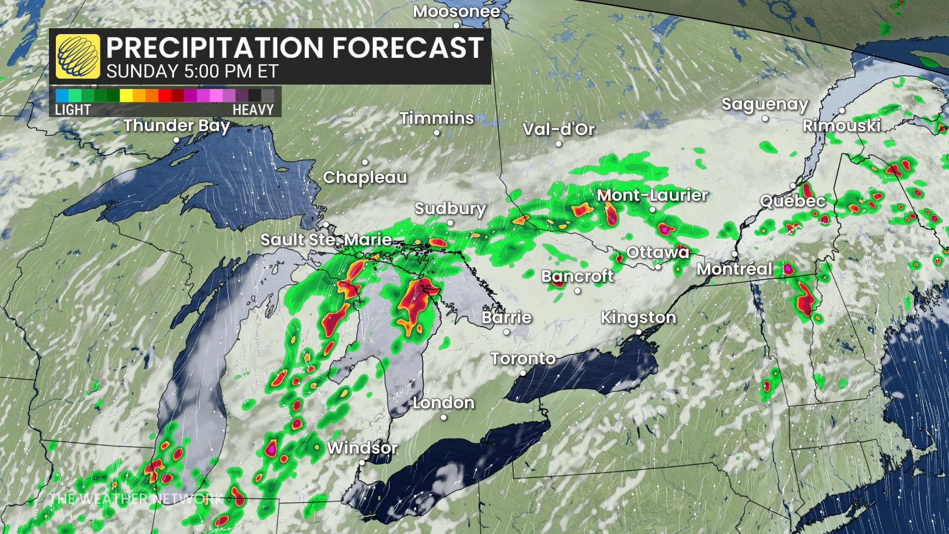 Ontario and Quebec precipitation timing Sunday evening