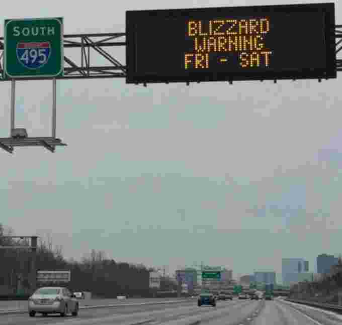 Variable-message highway signs in Maryland and Virginia displayed warnings of the impending blizzard
