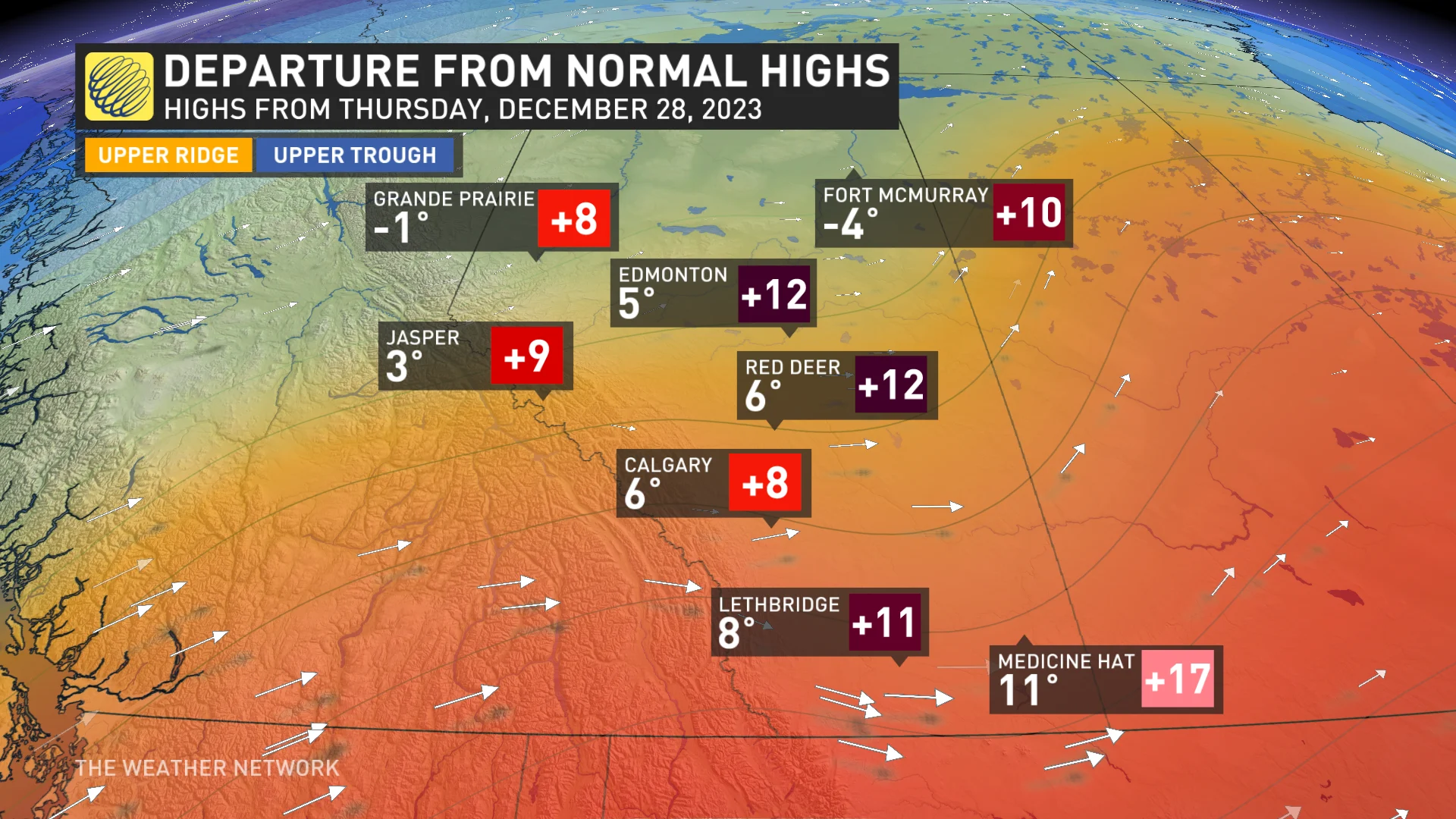 Alberta Thursday normal high departures Dec 28 2023