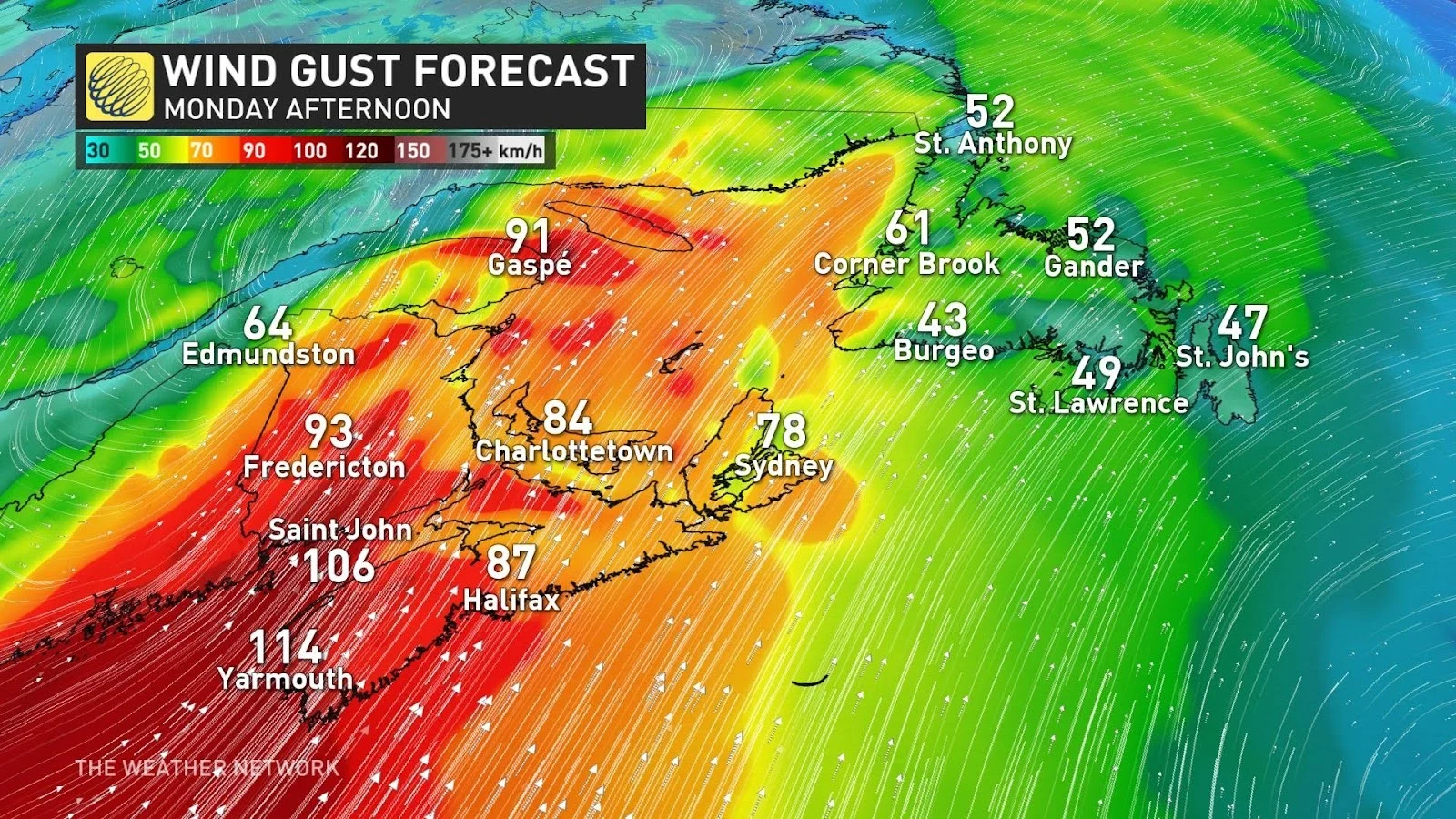 Atlantic wind gusts Monday