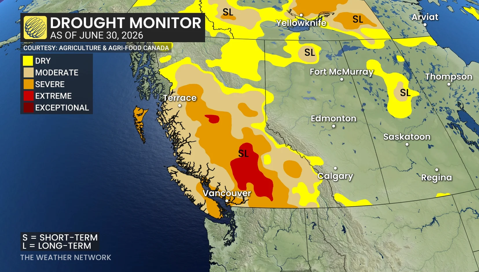 Western Canada drought conditions as of June 30, 2026
