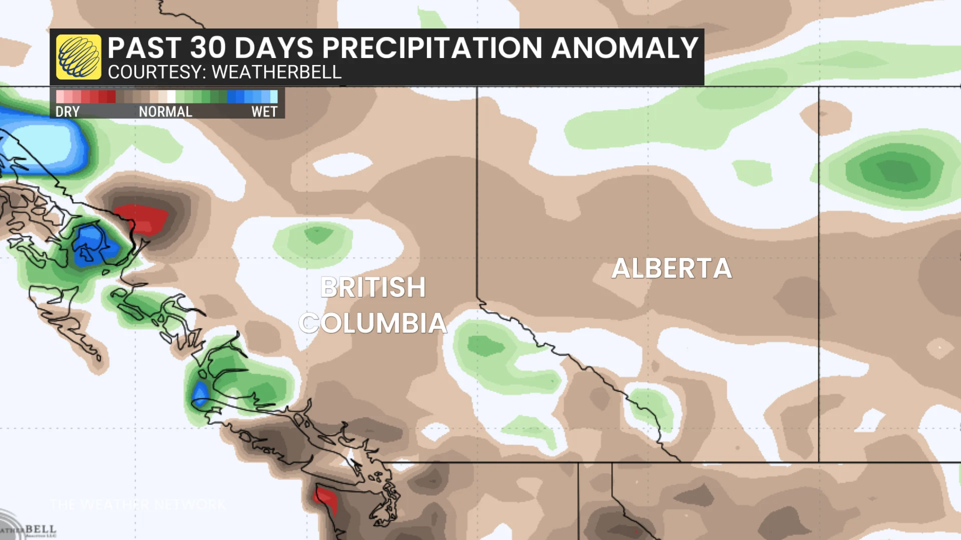 B.C. and Alberta past 30 days precipitation anomaly