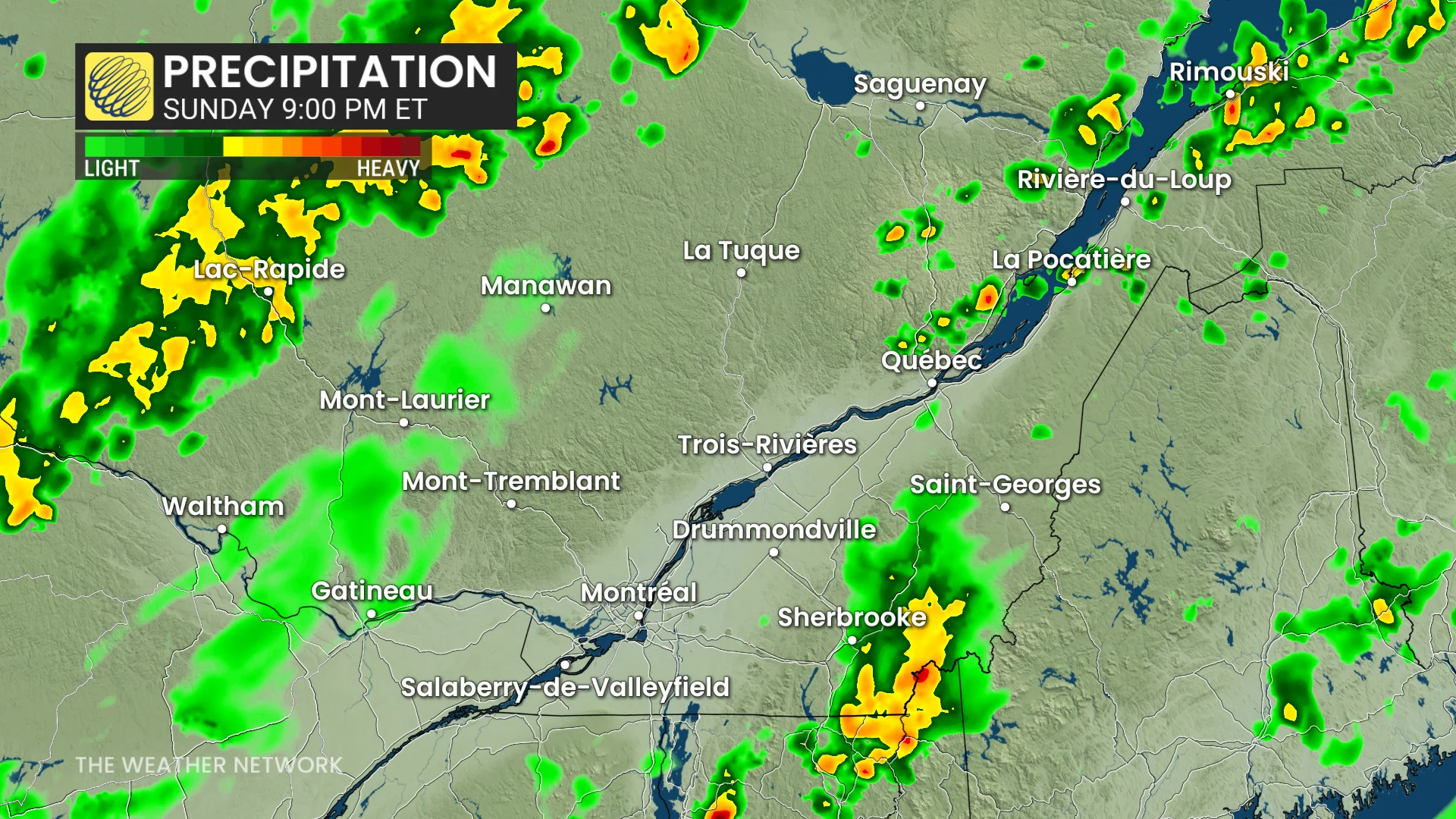 Quebec precipitation timing Sunday evening