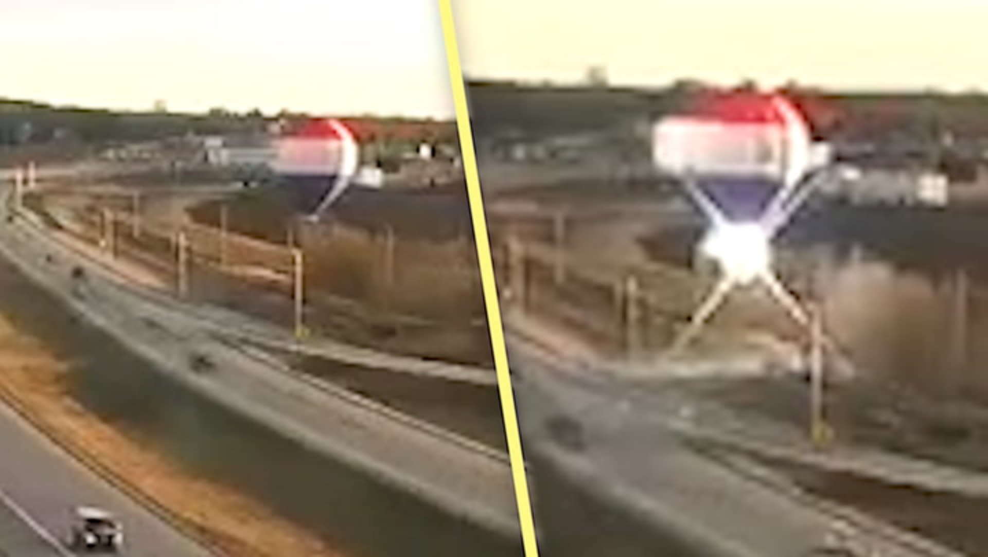 Footage captures hot air balloon collapsing next to highway, 3 people aboard
