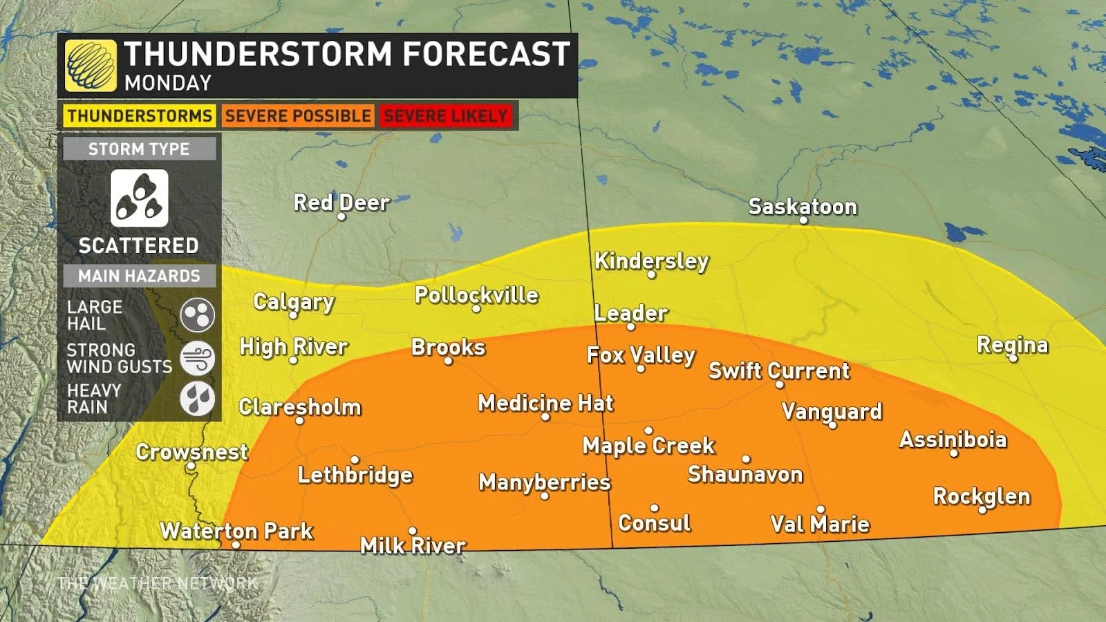Alberta and Sask Monday storm risk map May 12 2024