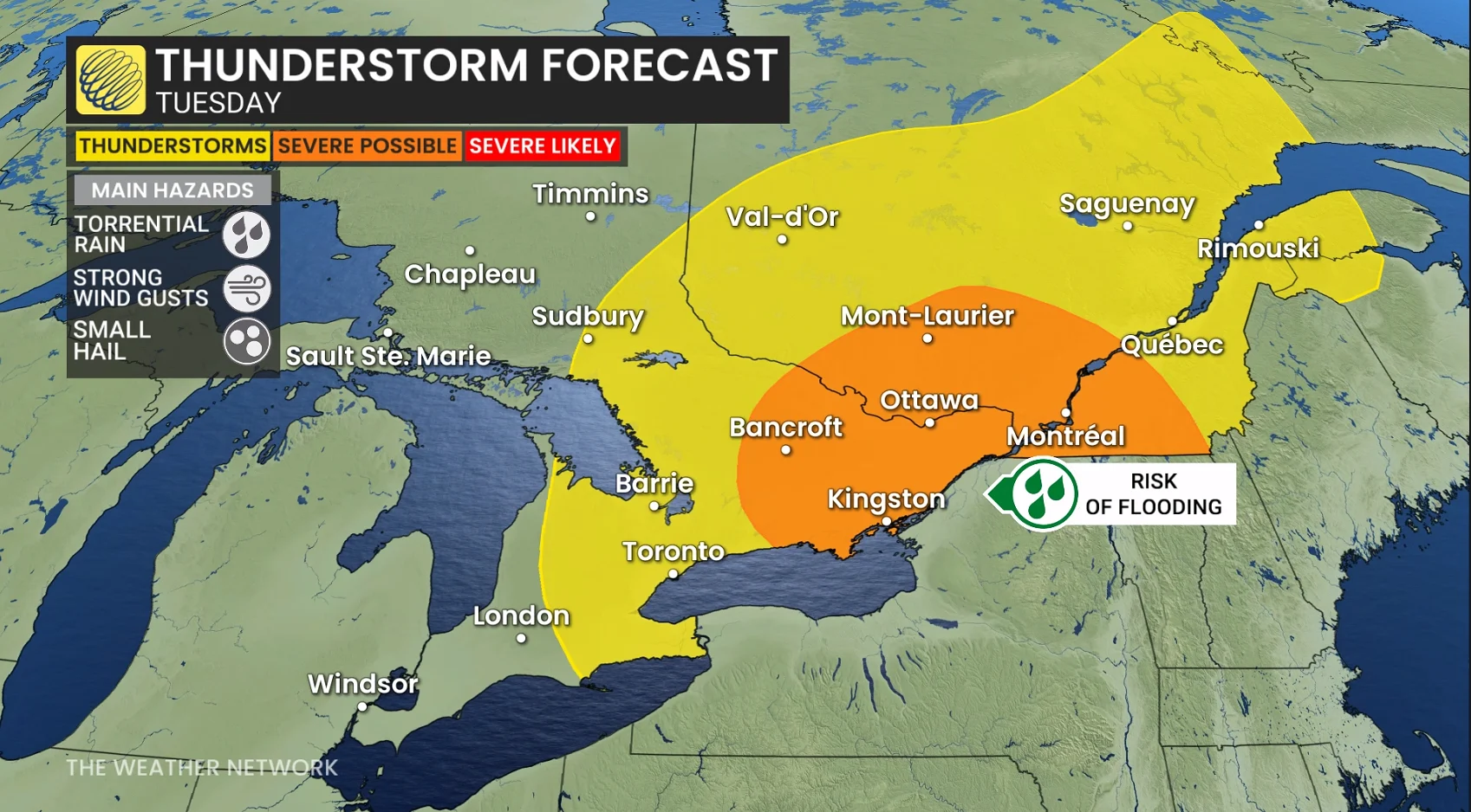 Ontario storm risk map Tuesday