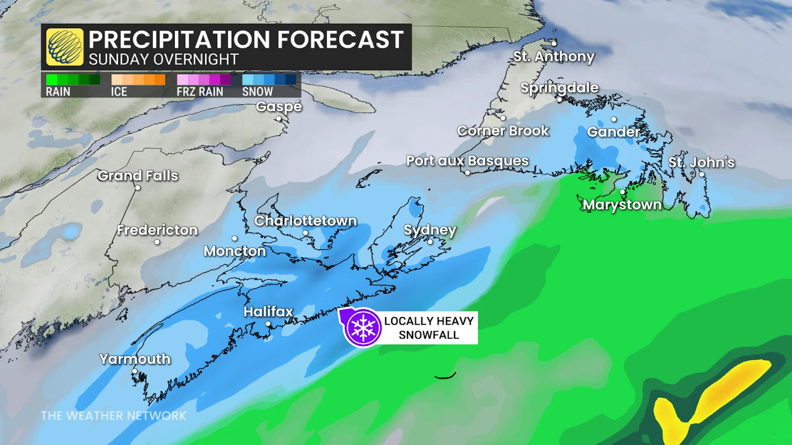Atlantic Canada precipitation Sunday overnight