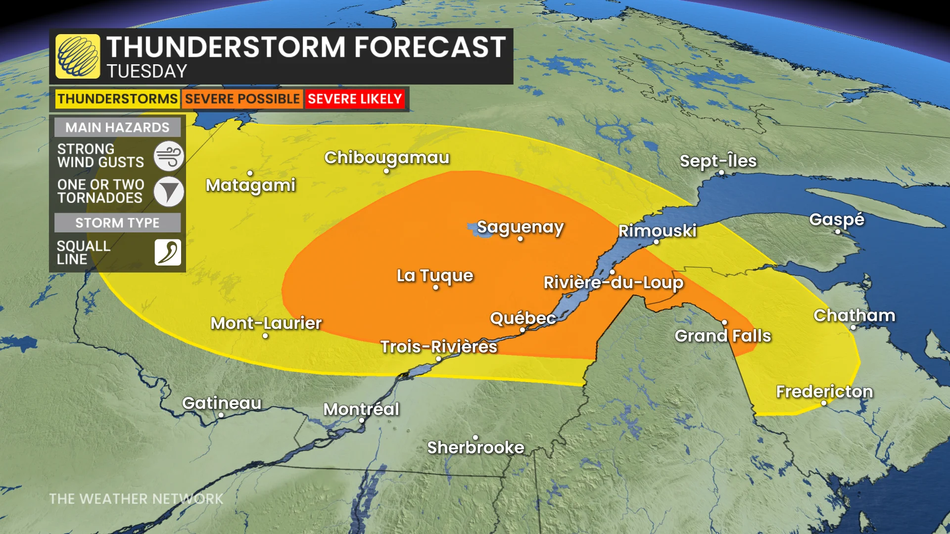 Quebec Tuesday thunderstorm risk - May 25, 2026