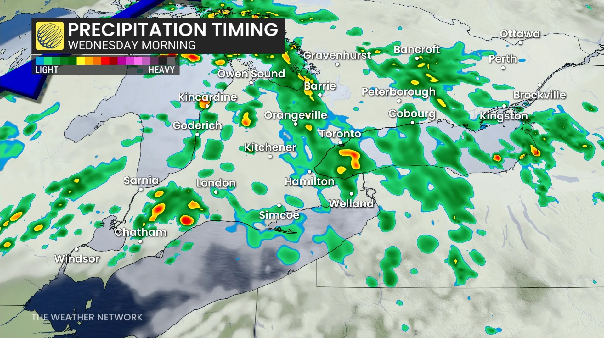 Ontario precipitation timing Wednesday morning