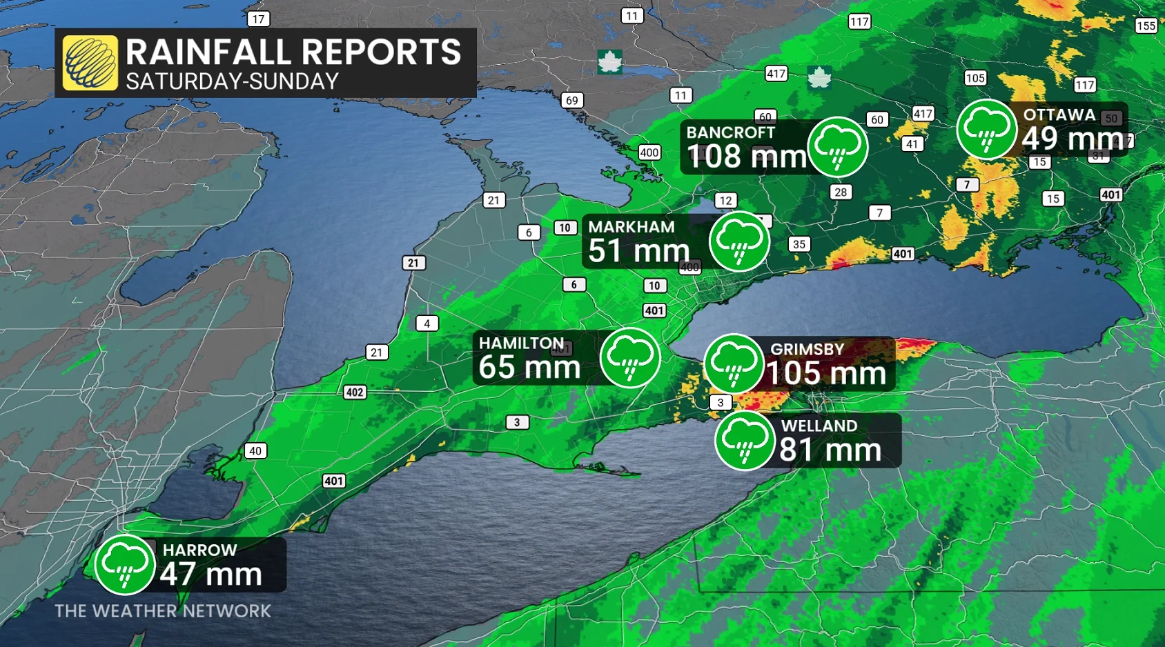 Ontario rainfall summary reports Aug. 1-2, 2026