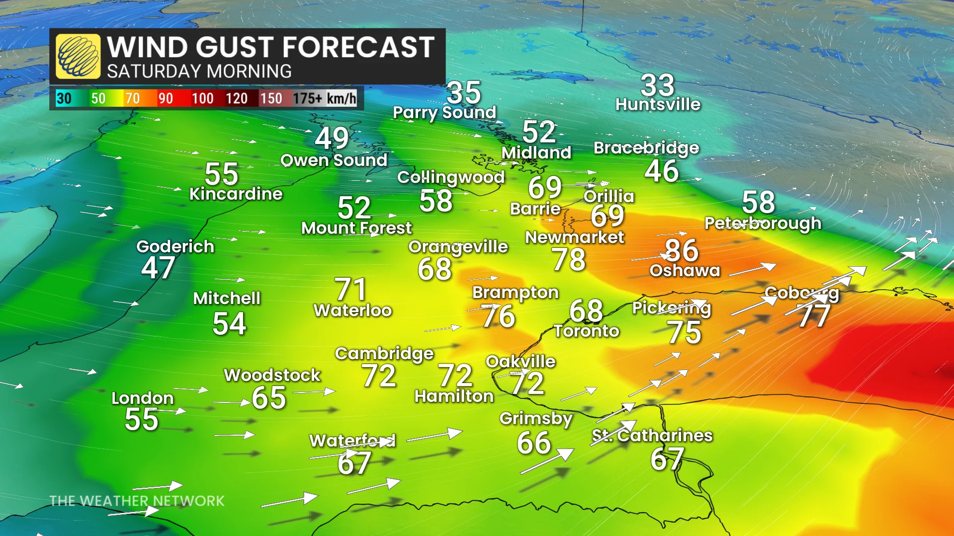 Ontario Saturday morning forecast wind gusts - March 11, 2026