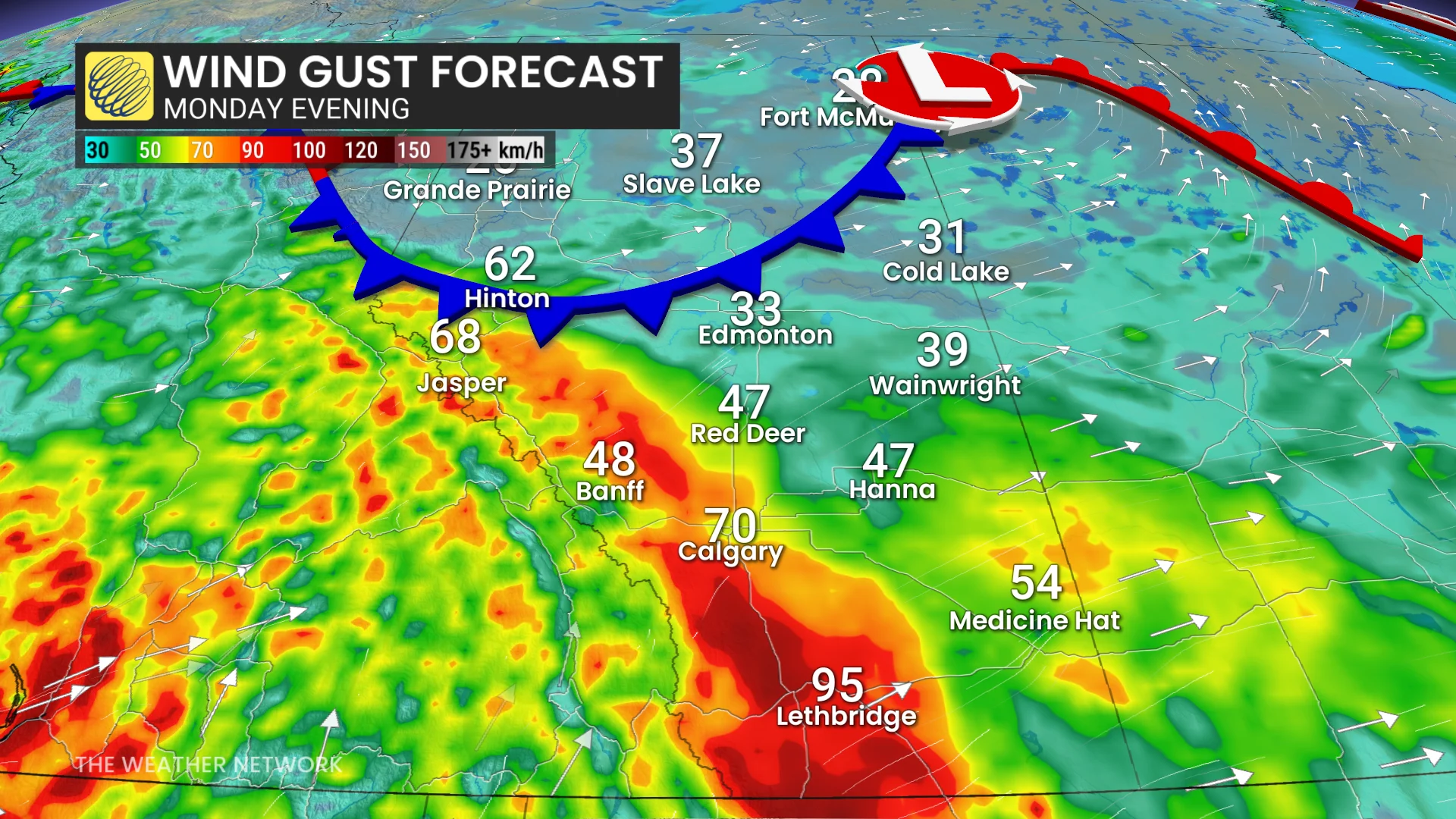 Alberta wind gust forecast Monday evening
