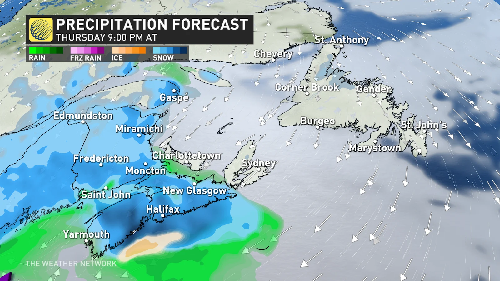 Atlantic Canada precipitation forecast Thursday PM April 1 2024