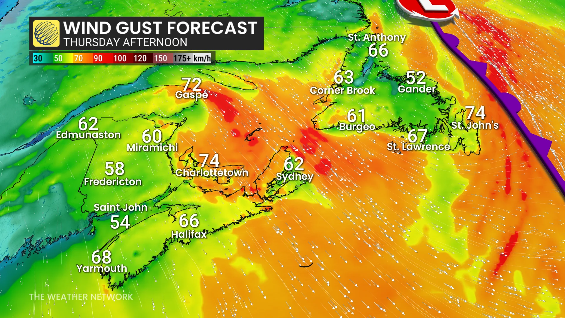 Atlantic Canada Thursday afternoon forecast wind gusts - Oct. 13, 2026