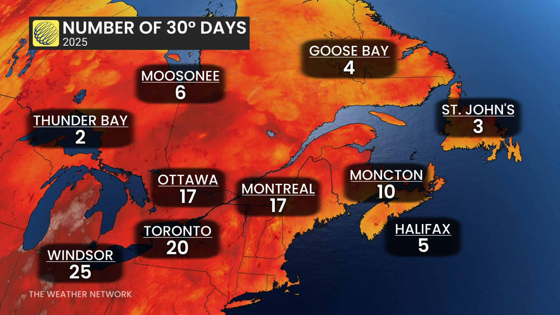 Number of 30-degree days for Eastern Canada