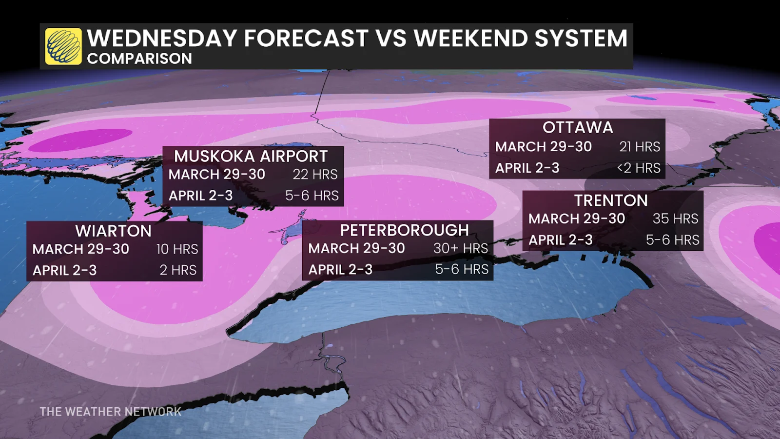 Ontario forecast icy system versus weekend storm--timing comparisons - March 31, 2025