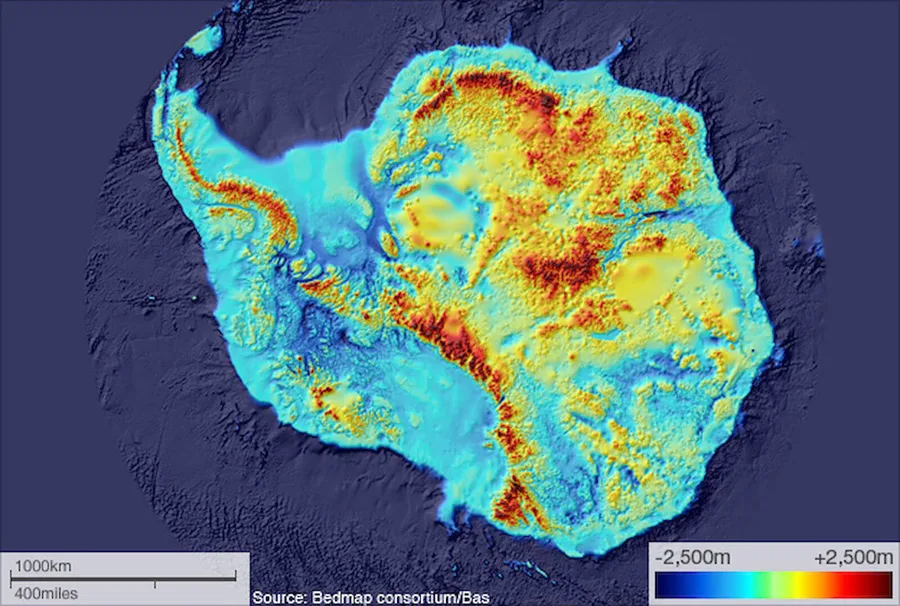 Below the ice, recent studies have mapped Antarctica’s bedrock and show much of the west side is below sea level. Bedmap2; Fretwell 2013