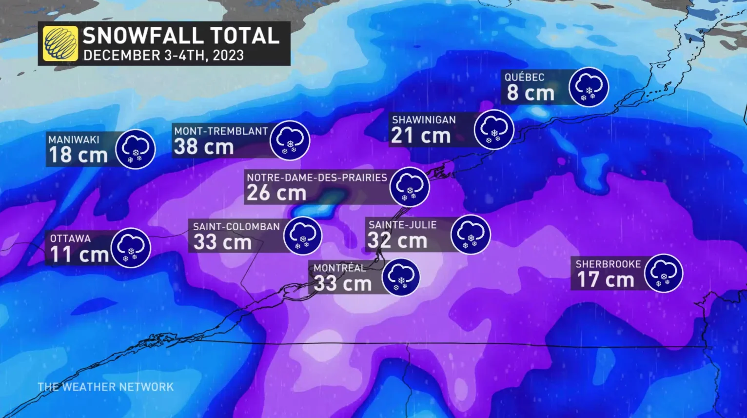 Montreal Dec 4-5, 2023, snowfall totals