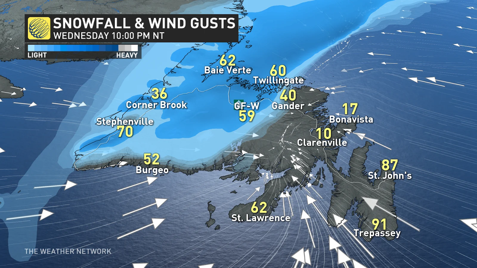 Newfoundland wind gust forecast Wednesday night - Feb. 25, 2025