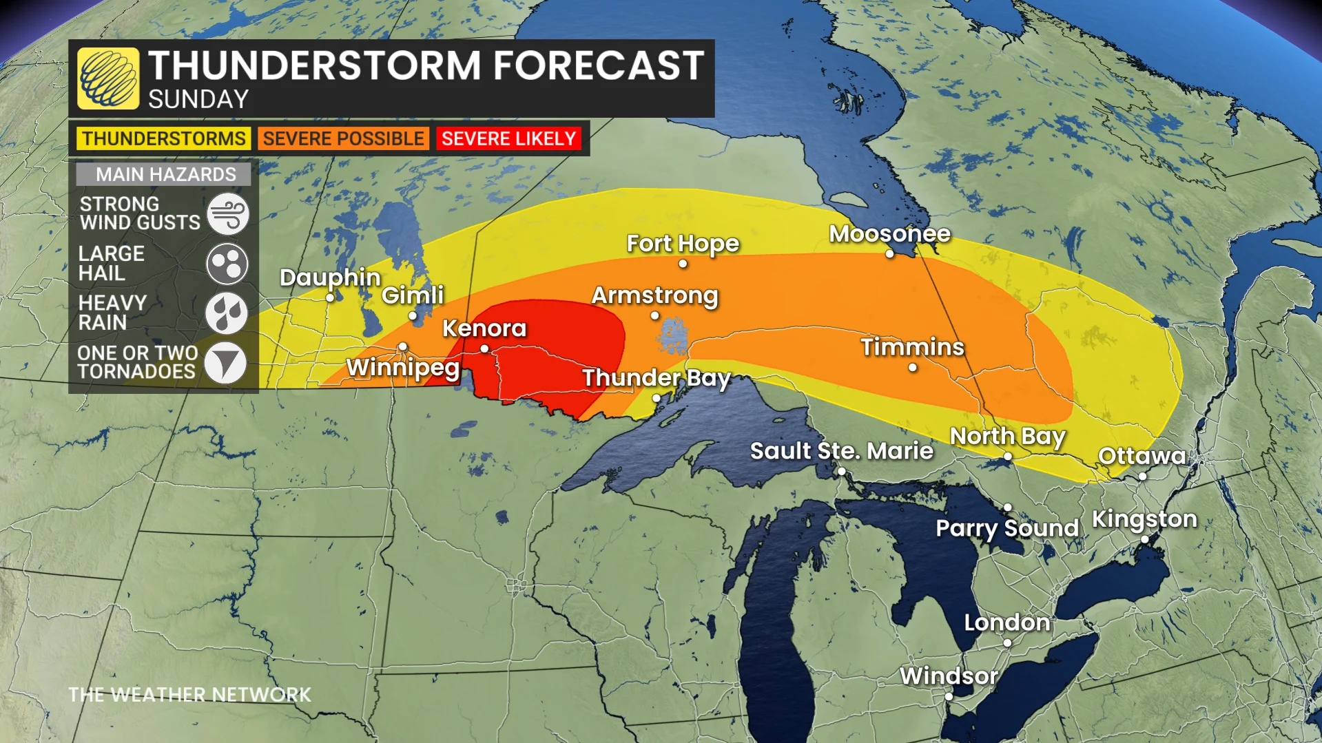 Manitoba/northwestern Ontario Sunday storm risk map