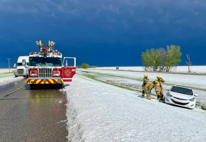 PHOTOS: Cars slide off in ditches as significant hail hits Saskatchewan
