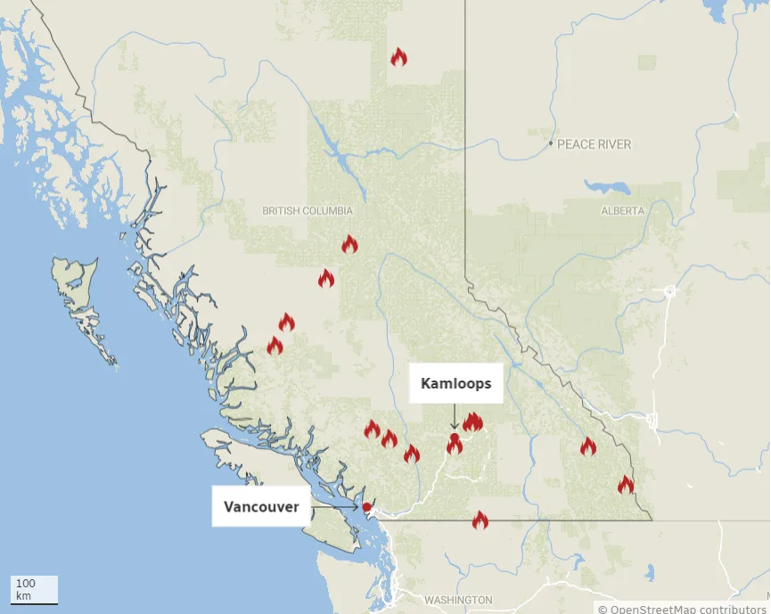 CBC: Fires of note across B.C. on Aug. 7. A fire of note is one that is particularly visible or poses a threat to public safety. Source: B.C. Wildfire Service (Akshay Kulkarni/CBC)