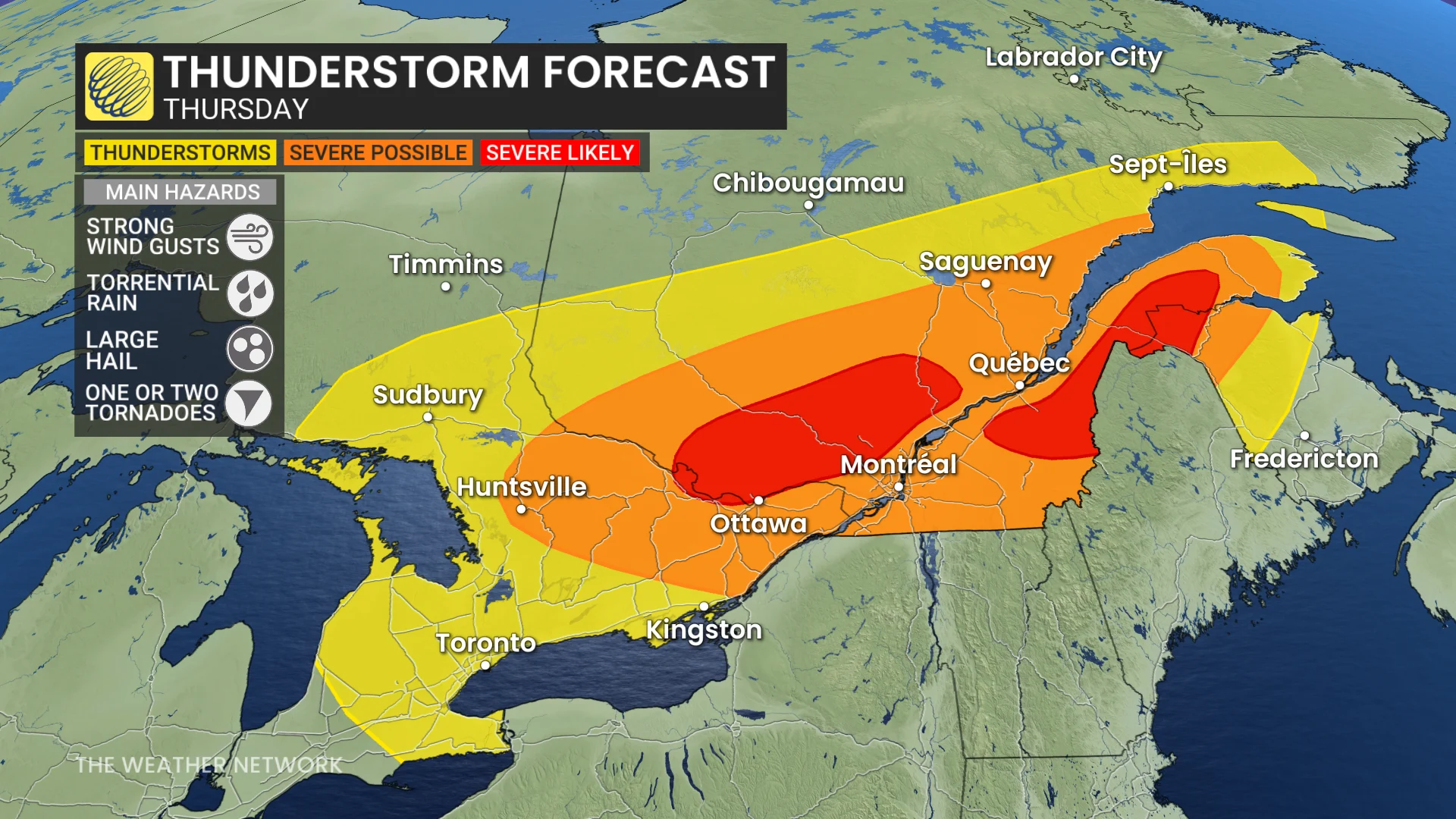 Baron - Ontario Quebec thunderstorm risk Thursday - July 17