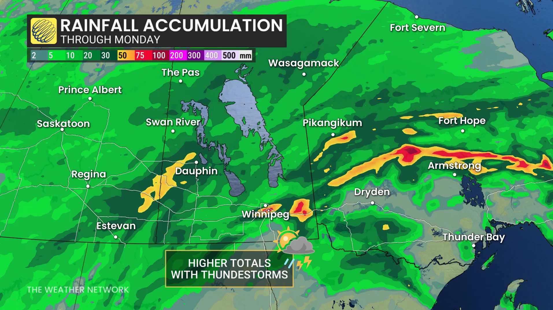 Manitoba/northwestern Ontario rainfall map through Monday