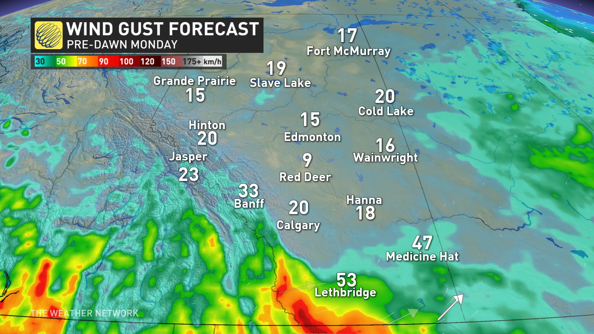 Alberta wind gusts pre-dawn Monday morning