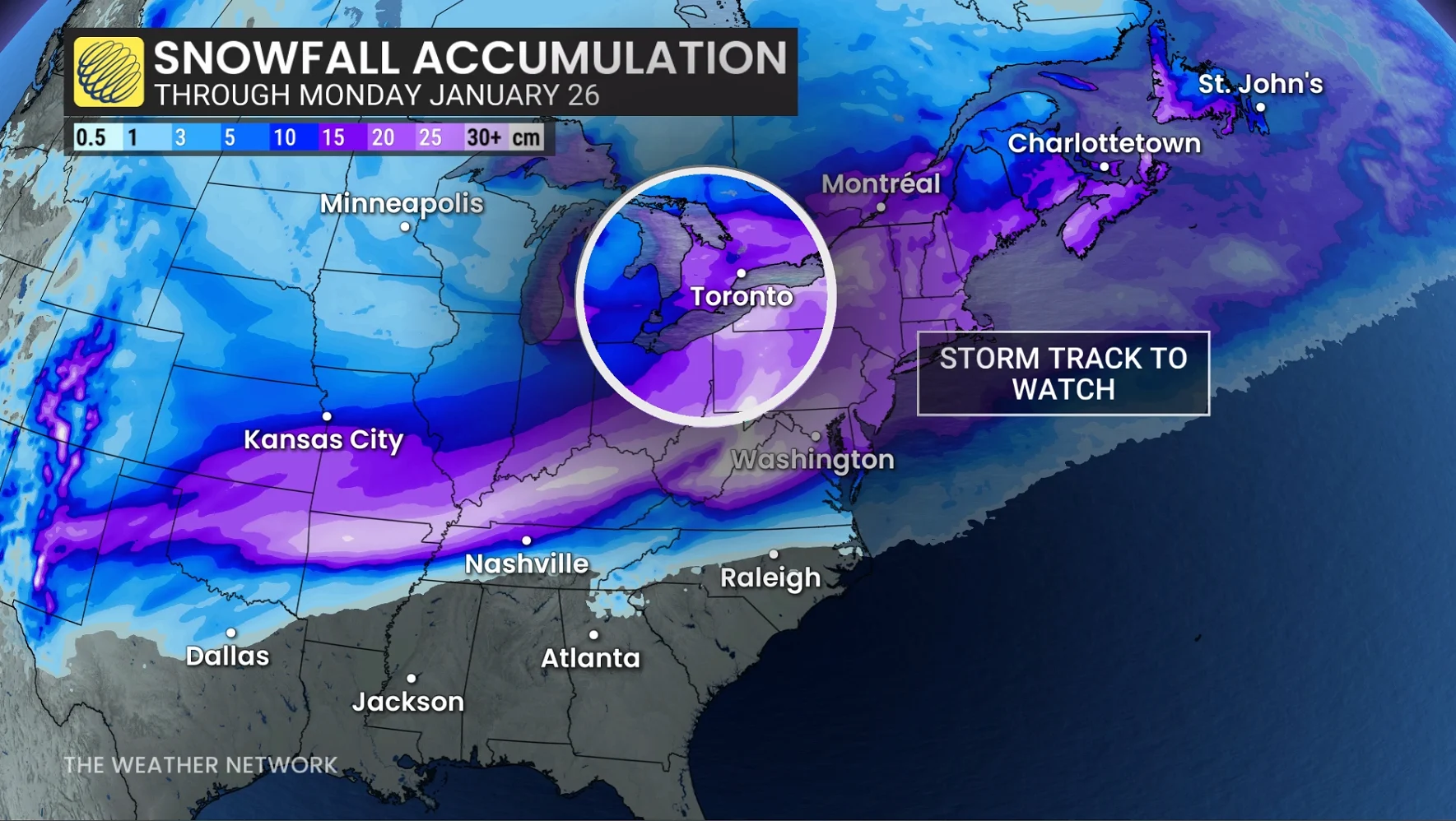 North America snowfall accumulation through Monday