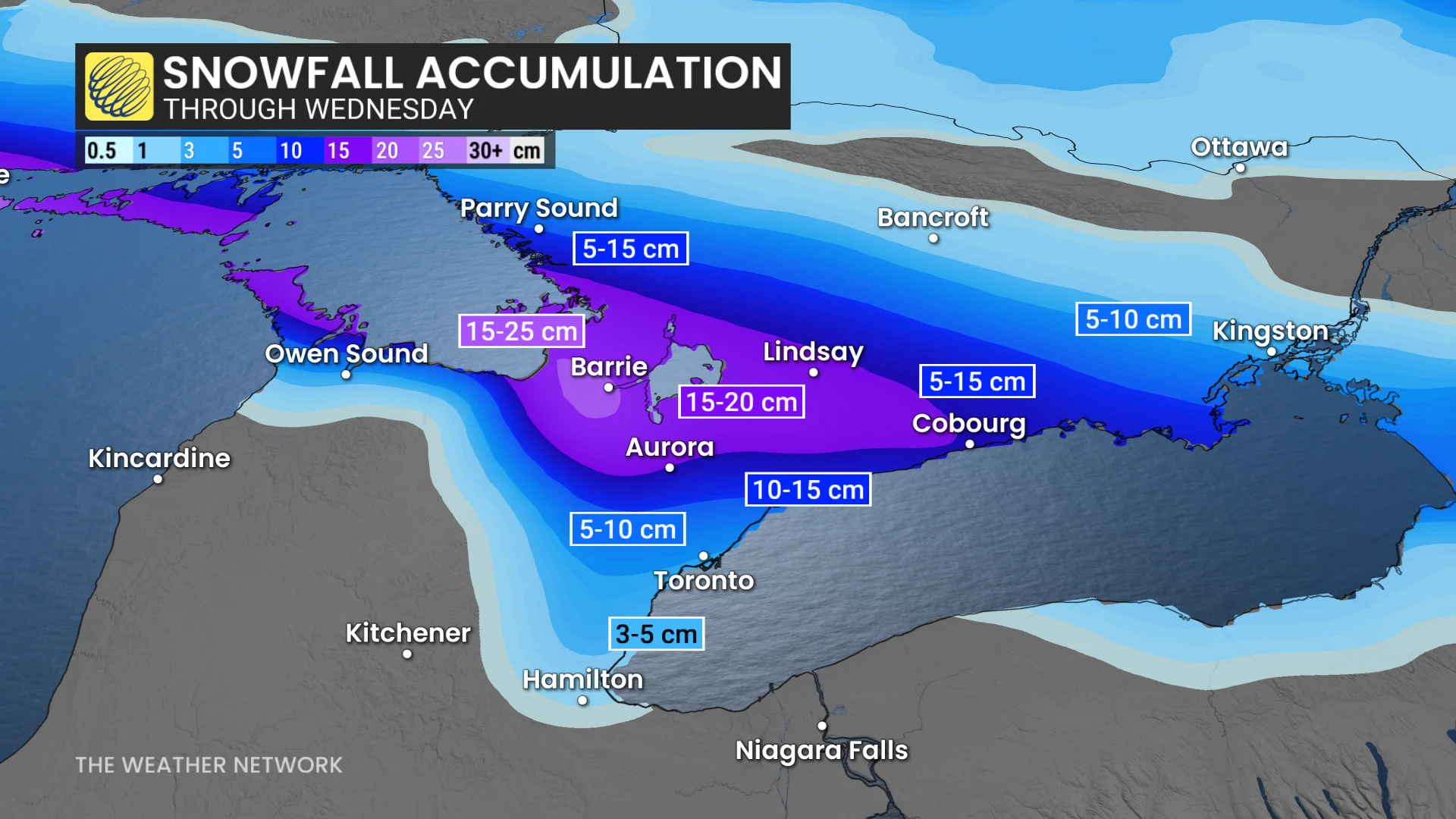 Ontario snowfall accumulation through Wednesday