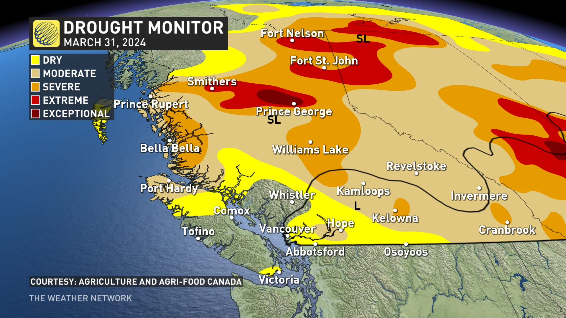 B.C. Drought Monitor as of March 31, 2024. (Uploaded April 11, 2024)