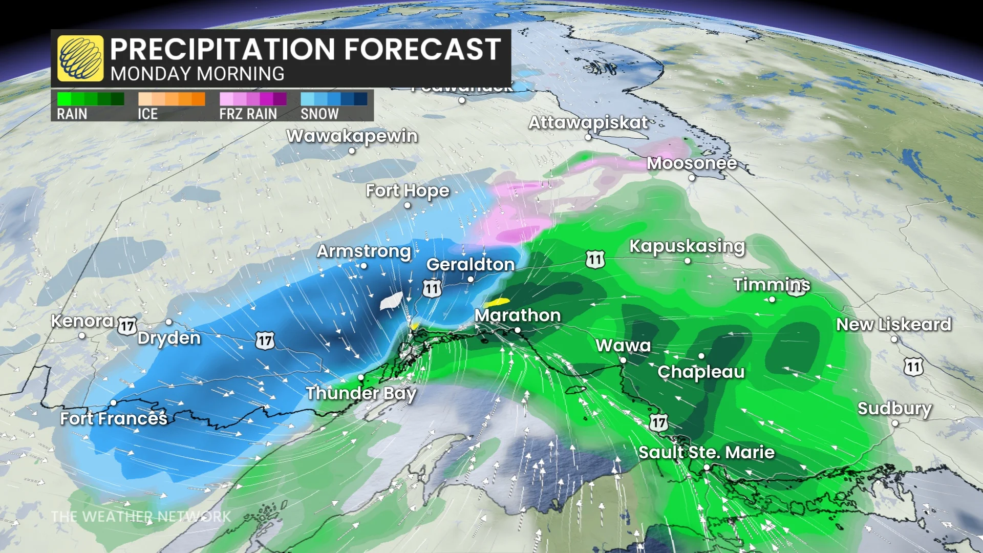 Northern Ontario precipitation timing Monday morning
