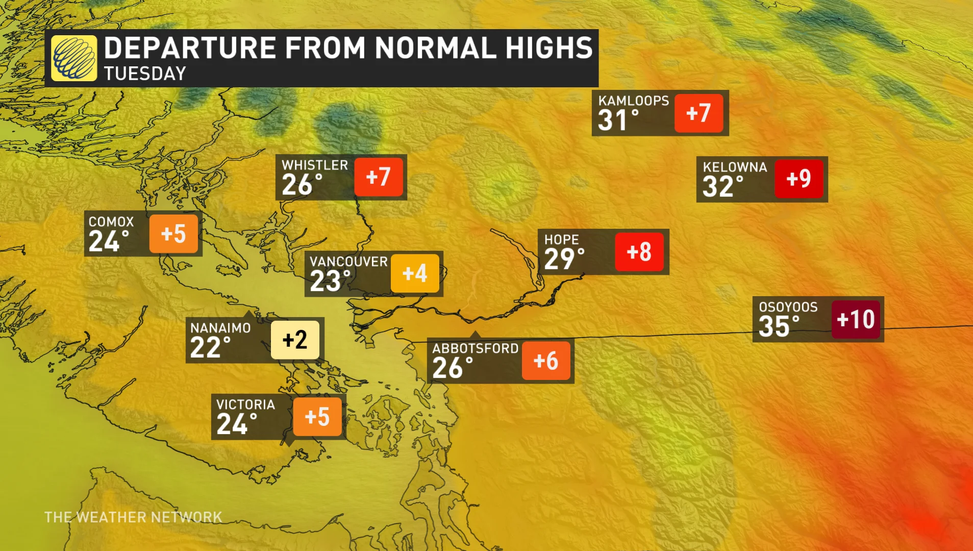 B.C. South Coast and Interior departure from normal highs on Tuesday