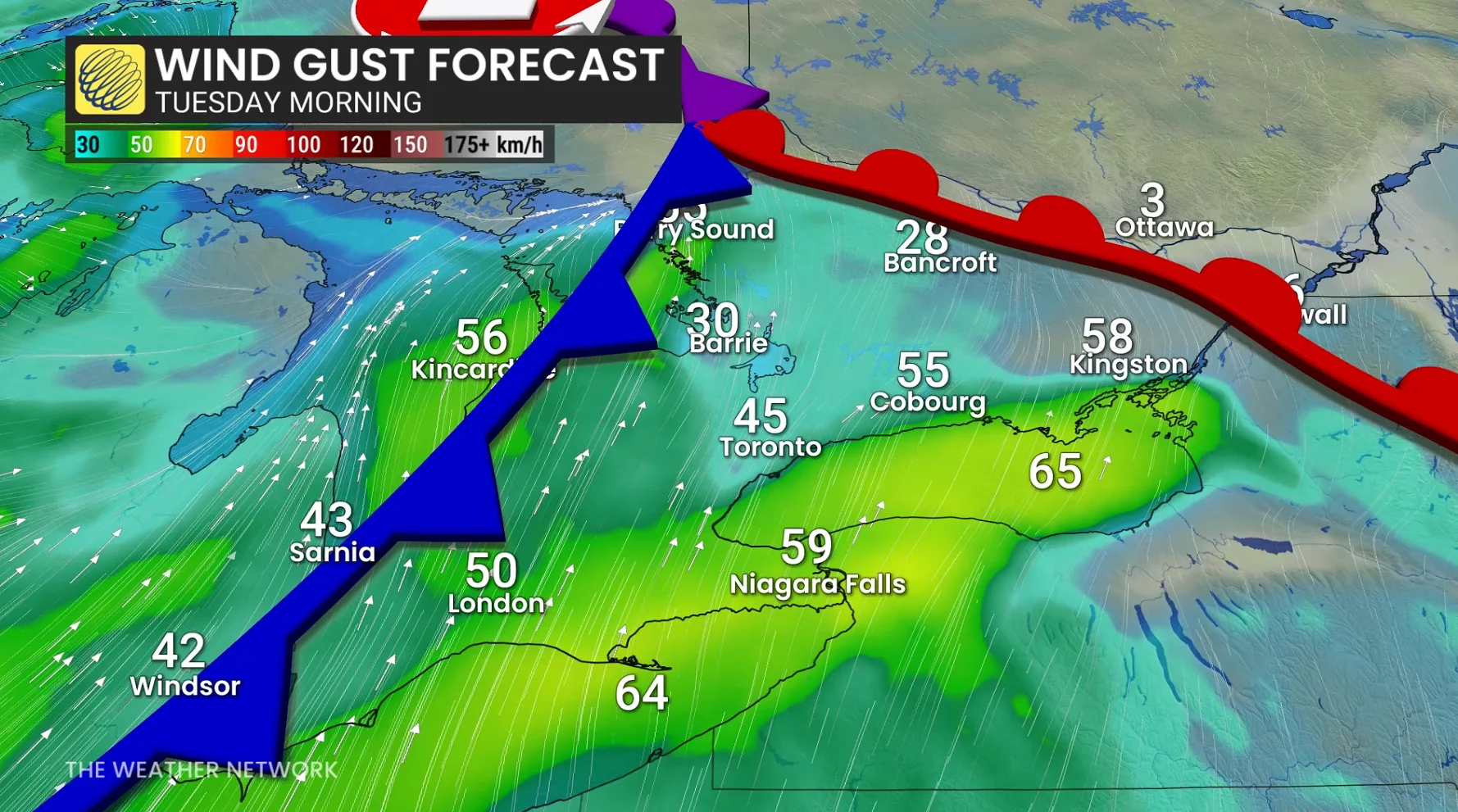 Ontario wind gusts Tuesday morning