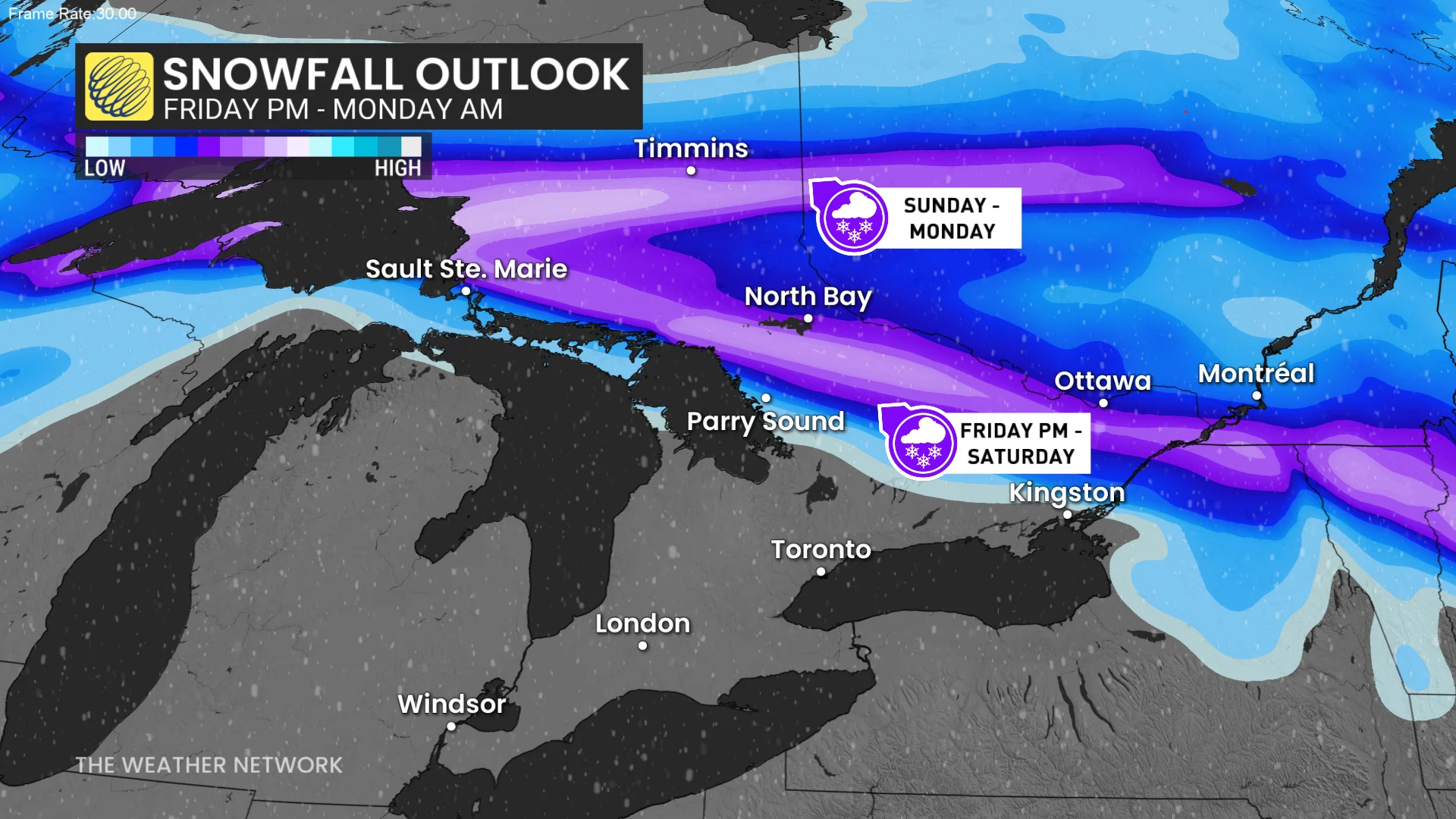 Ontario snowfall outlook Friday to Monday morning