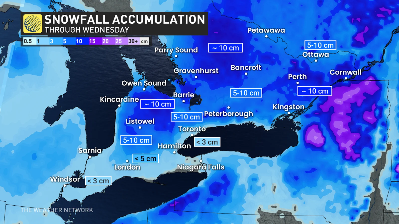 Ontario forecast snow totals through Wednesday - Dec. 31, 2024
