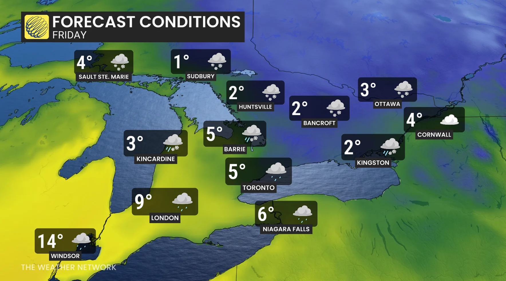 Ontario temperatures and forecast conditions Friday