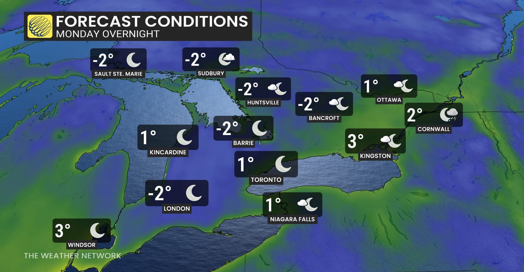 Ontario forecast conditions Monday overnight