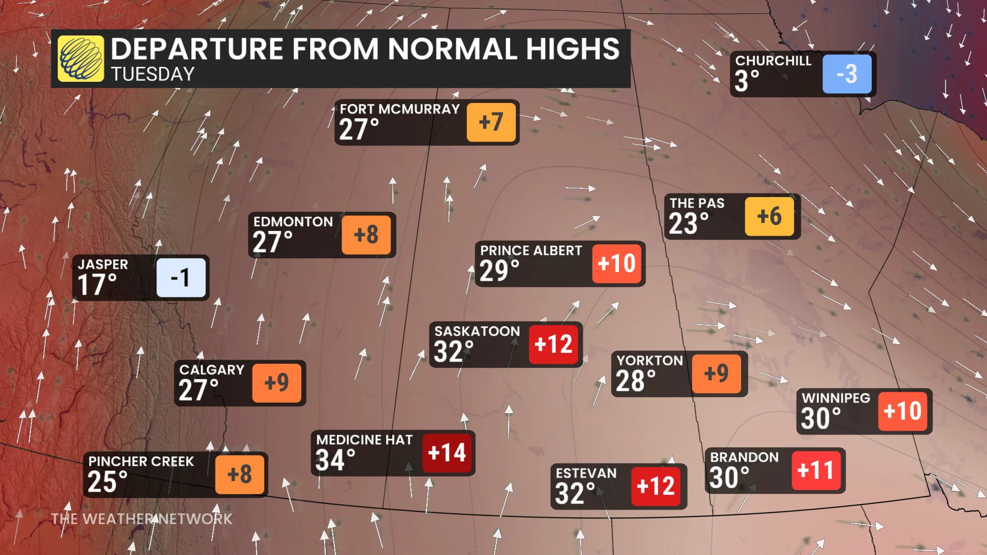 Prairies temperatures and departures from normal Tuesday