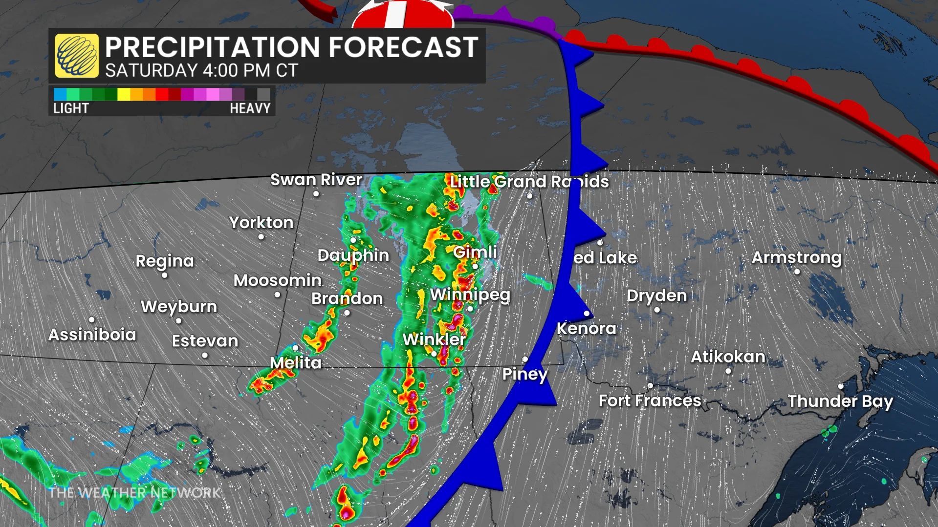 Manitoba precipitation timing Saturday afternoon