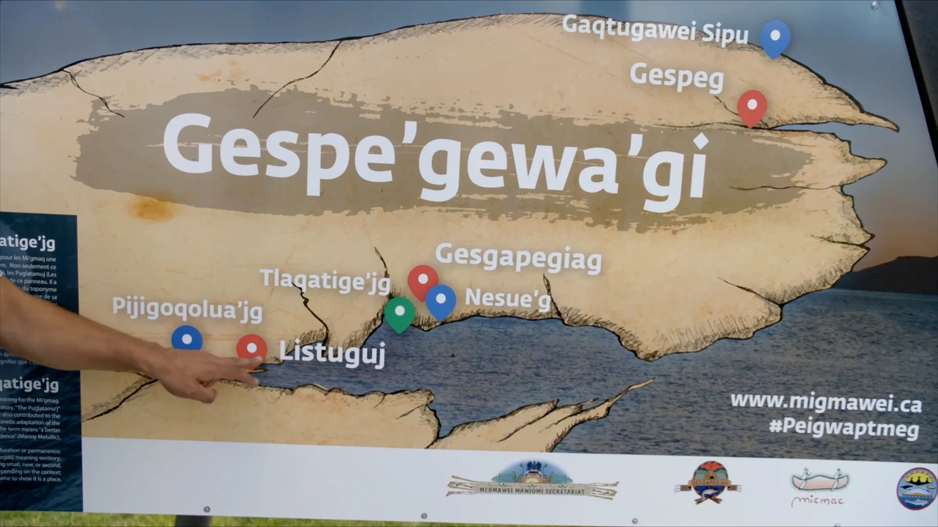 The three communities of the Mi'gmaq are marked with red locators on the Gespe'gewa'gi map. (Power to the People)