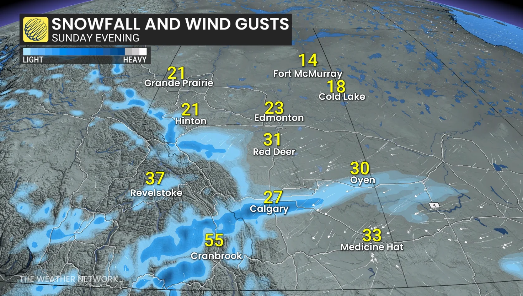 Alberta snow and wind gusts Sunday evening
