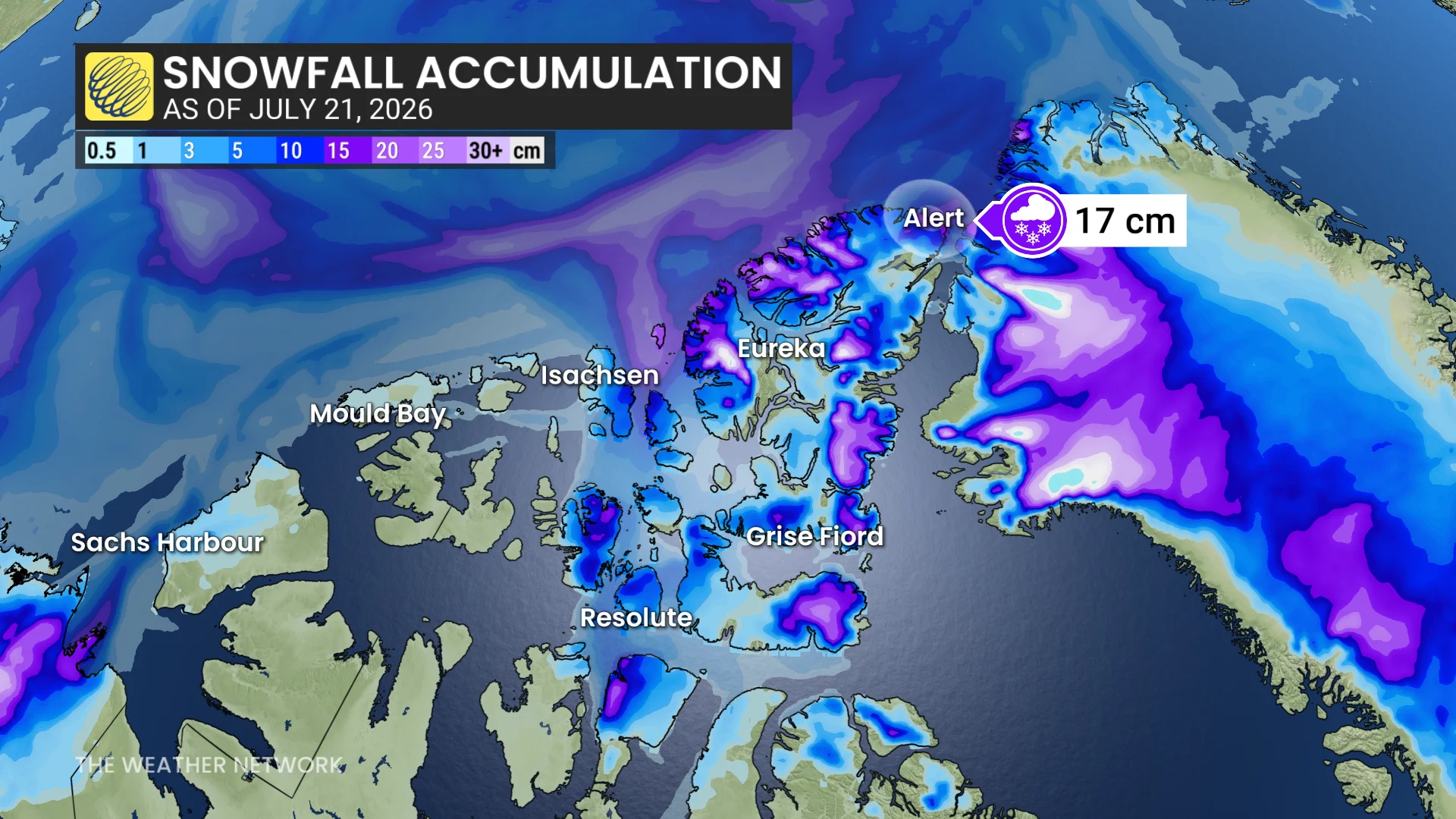 Nunavut snowfall as of July 21, 2026
