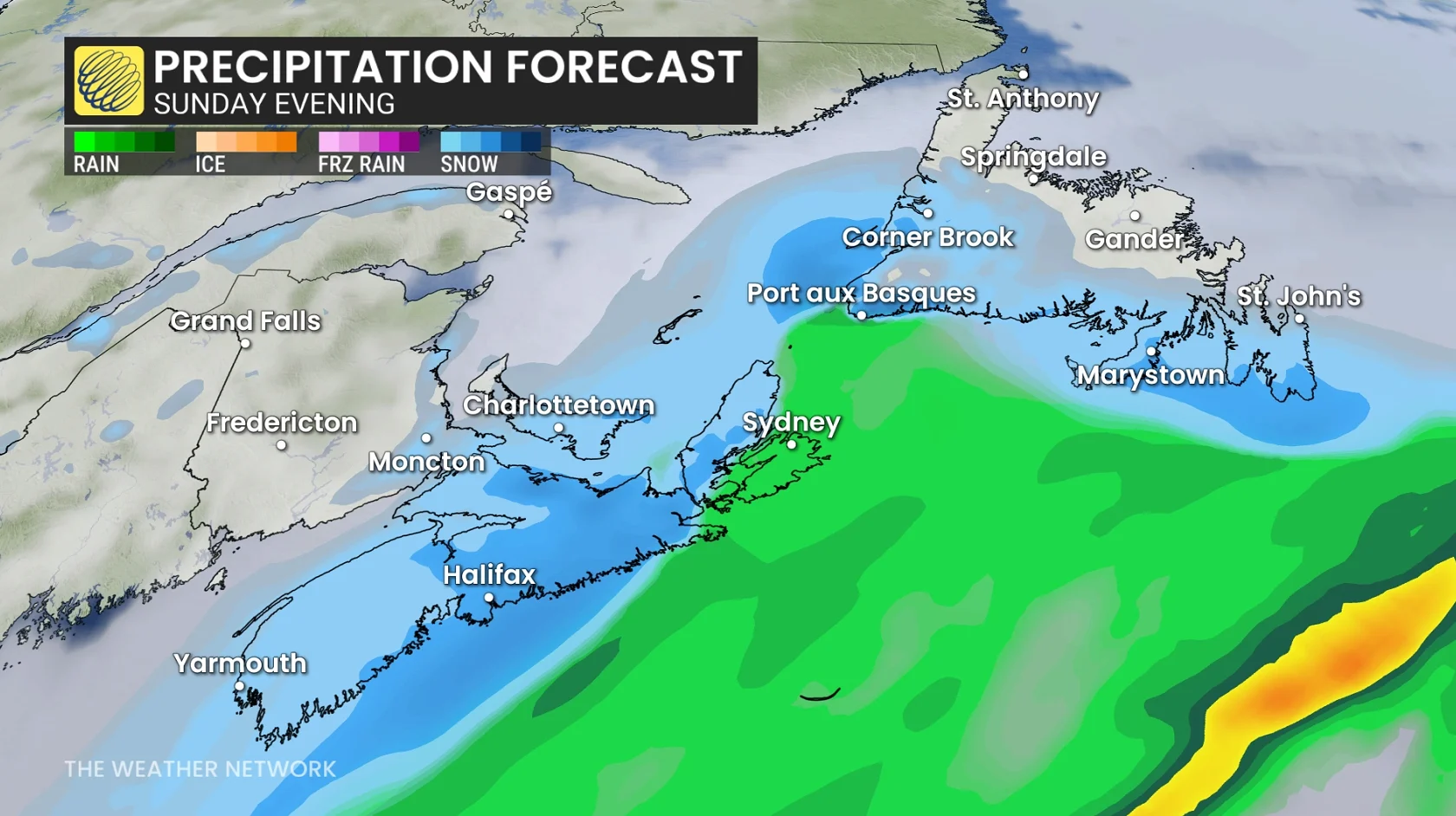 Atlantic Canada precipitation forecast Sunday evening