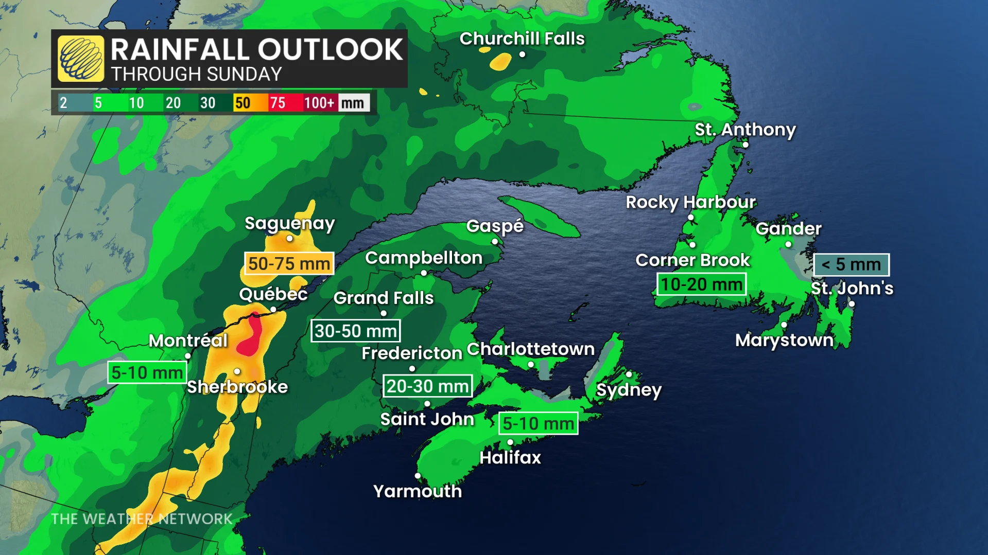 Atlantic Canada rainfall outlook through Sunday