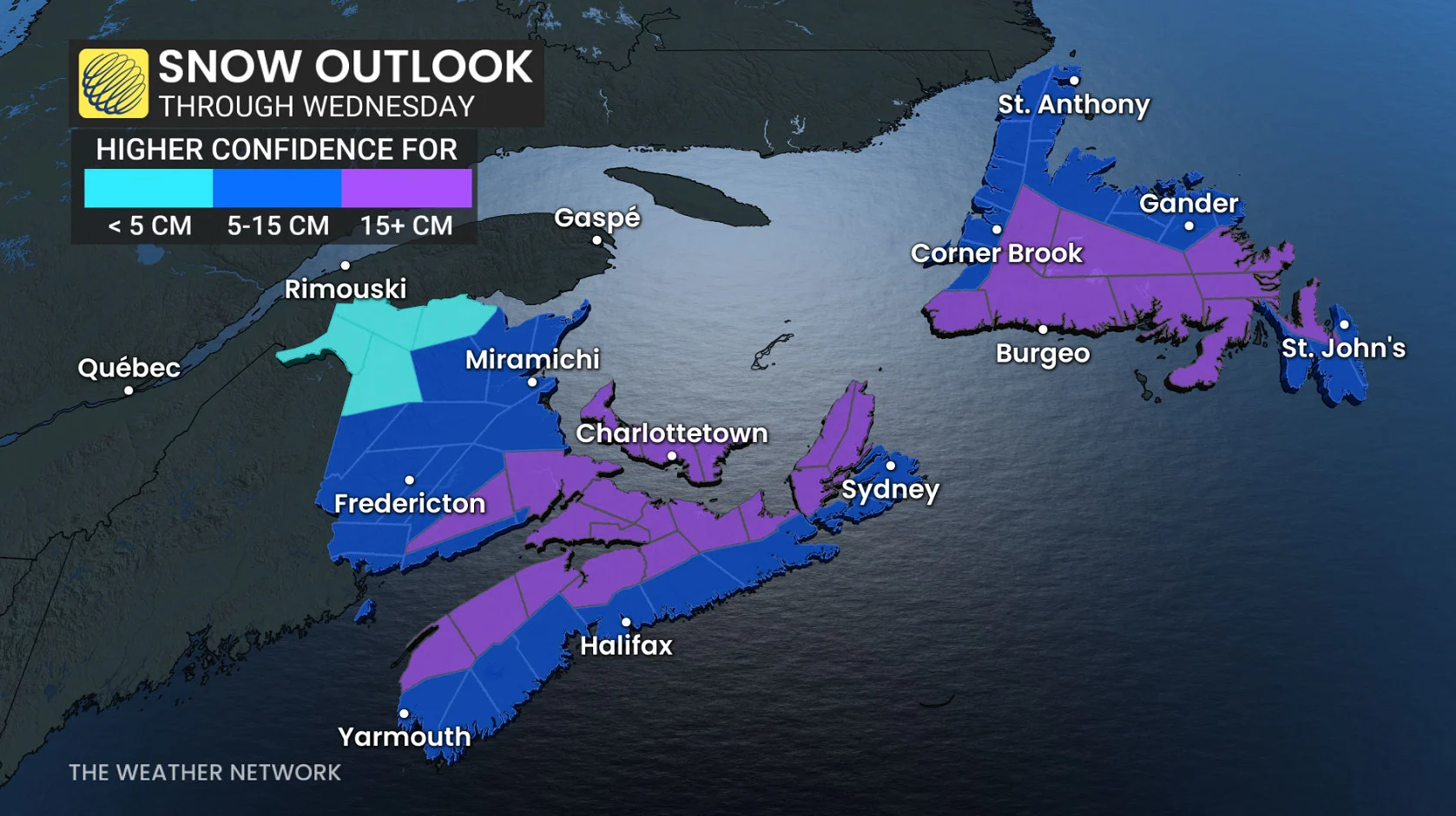 Atlantic Canada snow outlook through Wednesday